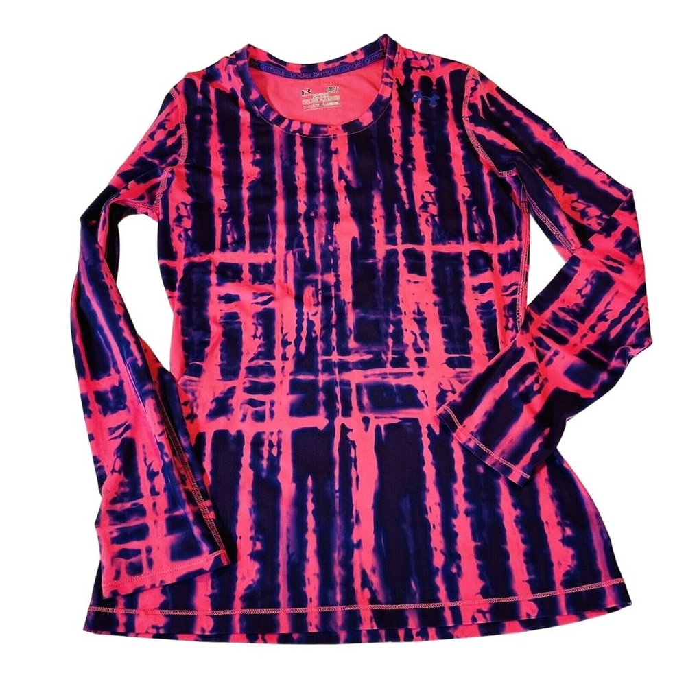 Under Armour Fitted Shirt Womens Small Pink Purple Tie Dye Long Sleeve Heatgear - Picture 1 of 5